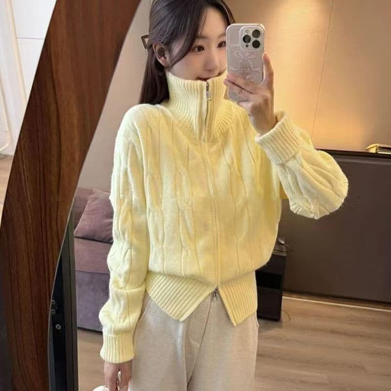 더블 지퍼 터틀넥 꽈배기 스웨터 오픈 가디건 여성 가을 겨울 슈퍼 잘 생긴 프랑스식 우유 fufu 디스플레이 화이트 황색 스웨터 코트 상세 이미지 2