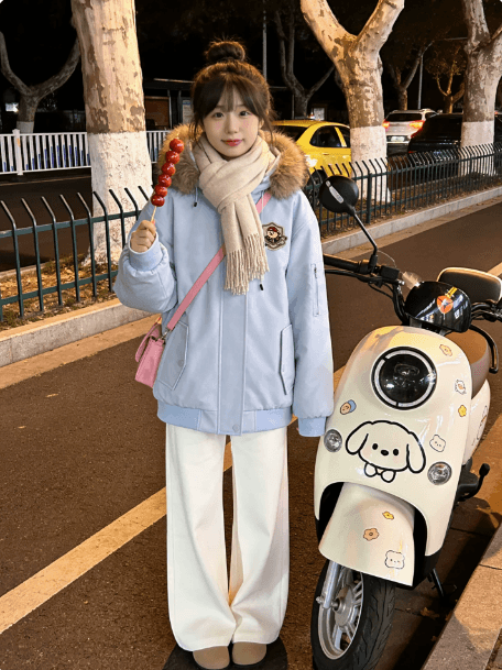2026 겨울 학원 스타일 작은 곰 귀 모피 칼라 탈착식 재킷 면 옷 여성 두꺼운 보온 루즈핏 캐주얼 목화 진딧물 이미지 3