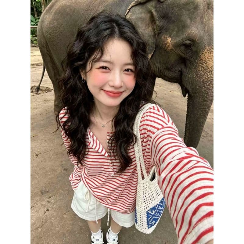 원본 품질 느긋한 스트라이프 긴팔 티셔츠 여성 여름 가을 품격 다용도 루즈핏 작은 대중 자외선 차단 맨위