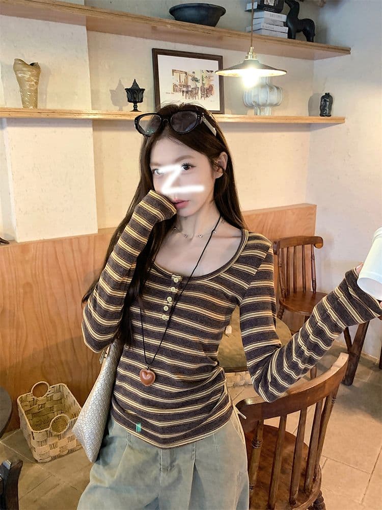 원본 2026 양모 스트라이프 긴팔 티셔츠 여성 가을 겨울 인사이드 가져 가라. 기본 셔츠 털이 있는 De 플러시 맨위 상세 이미지 5