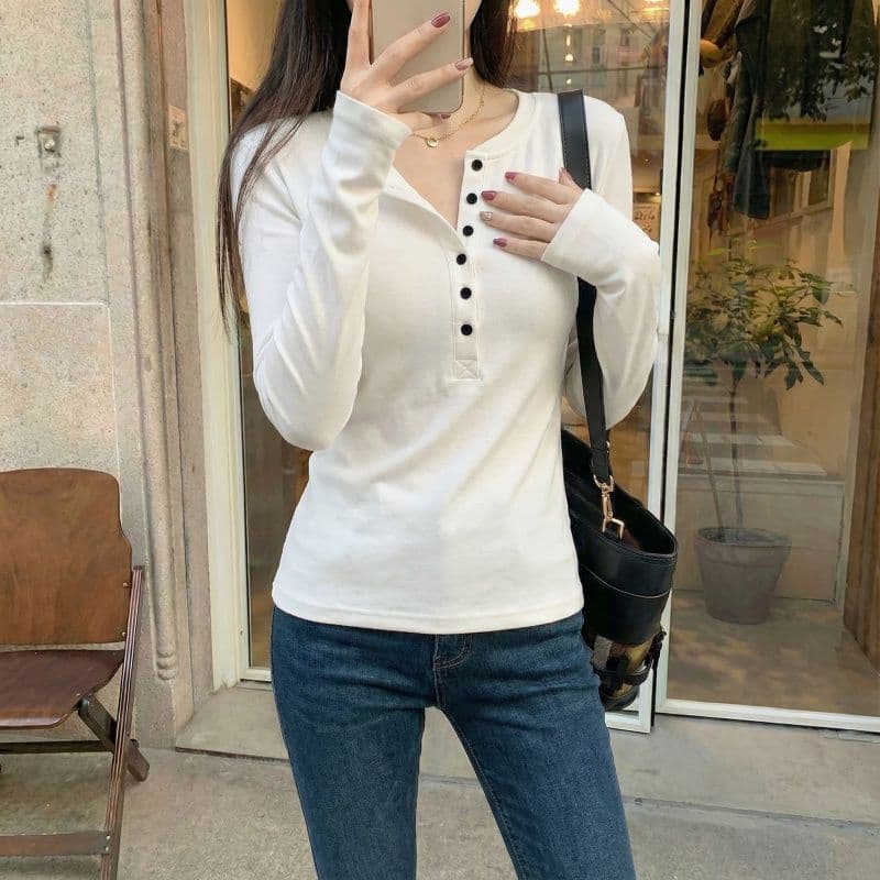 실사 280 그램 양 플러시 원본 헨리 칼라 털이 있는 긴팔 티셔츠 기본 셔츠 여성 인사이드 잡아라. 의류 이미지 3