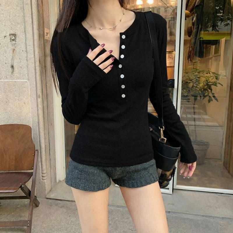 실사 280 그램 양 플러시 원본 헨리 칼라 털이 있는 긴팔 티셔츠 기본 셔츠 여성 인사이드 잡아라. 의류 이미지 2