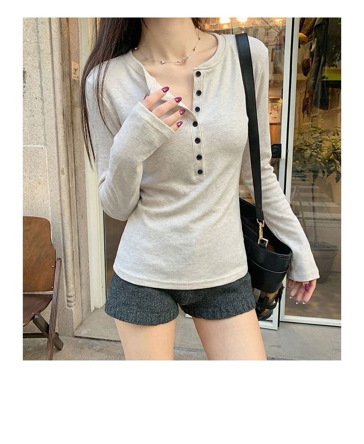실사 280 그램 양 플러시 원본 헨리 칼라 털이 있는 긴팔 티셔츠 기본 셔츠 여성 인사이드 잡아라. 의류 상세 이미지 1