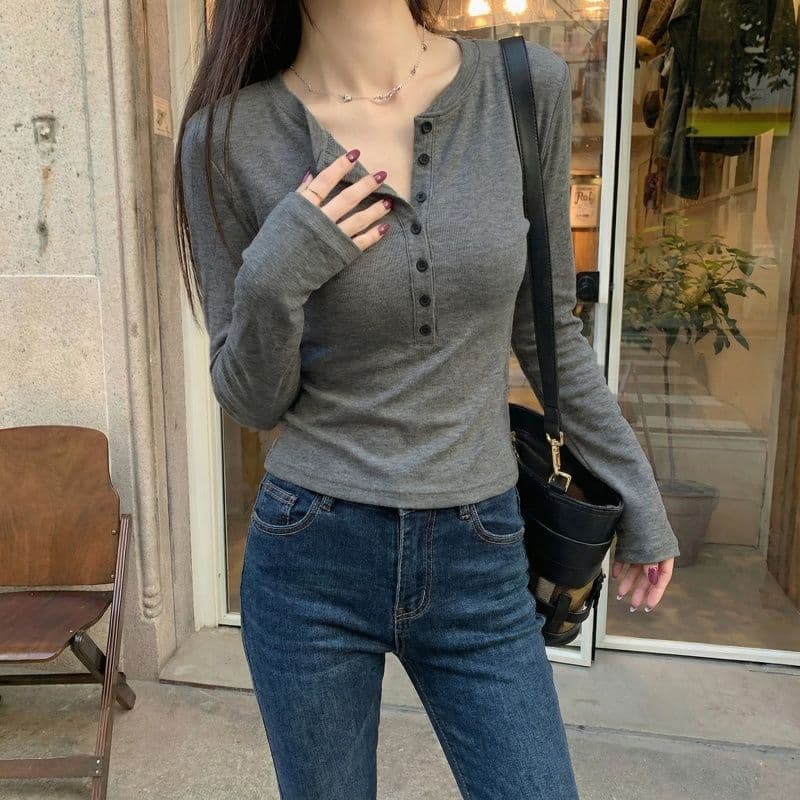 실사 280 그램 양 플러시 원본 헨리 칼라 털이 있는 긴팔 티셔츠 기본 셔츠 여성 인사이드 잡아라. 의류 상세 이미지 10