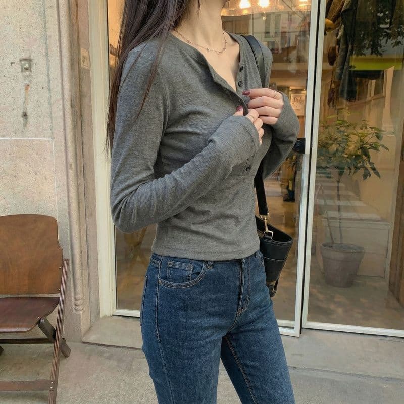 실사 280 그램 양 플러시 원본 헨리 칼라 털이 있는 긴팔 티셔츠 기본 셔츠 여성 인사이드 잡아라. 의류 상세 이미지 13