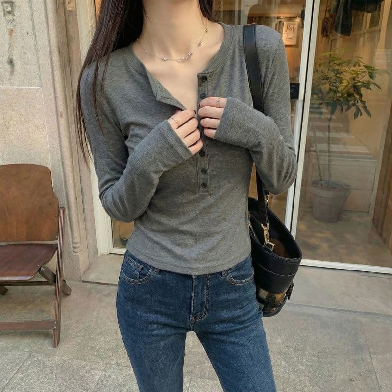 실사 280 그램 양 플러시 원본 헨리 칼라 털이 있는 긴팔 티셔츠 기본 셔츠 여성 인사이드 잡아라. 의류 상세 이미지 14