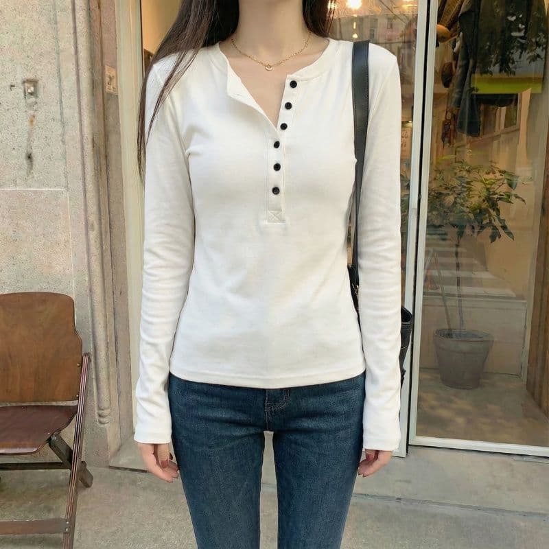 실사 280 그램 양 플러시 원본 헨리 칼라 털이 있는 긴팔 티셔츠 기본 셔츠 여성 인사이드 잡아라. 의류 상세 이미지 19