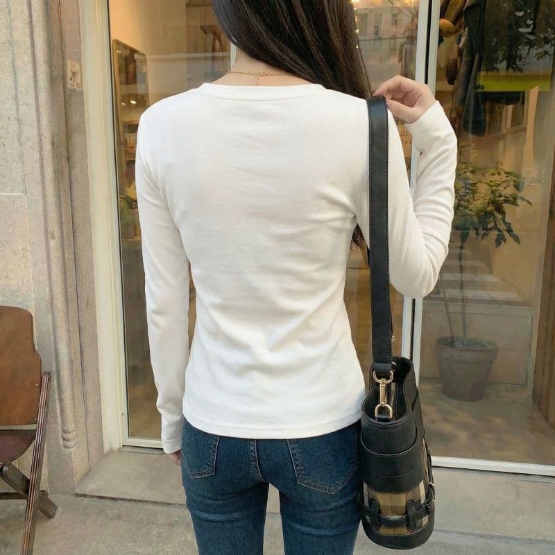 실사 280 그램 양 플러시 원본 헨리 칼라 털이 있는 긴팔 티셔츠 기본 셔츠 여성 인사이드 잡아라. 의류 상세 이미지 21