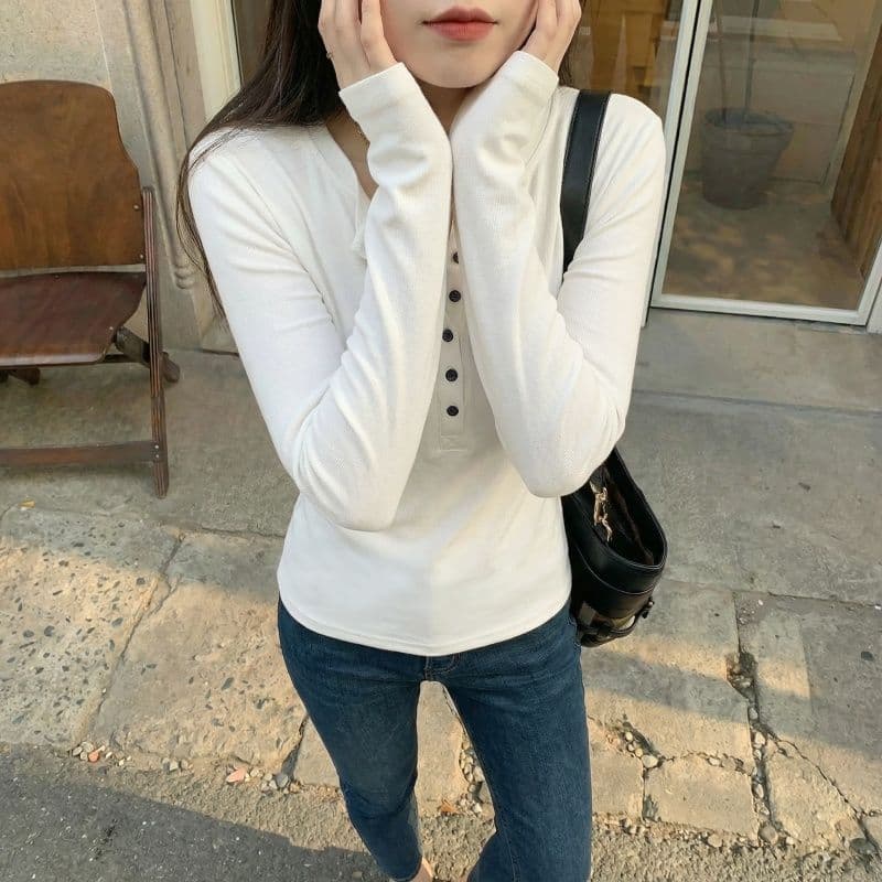 실사 280 그램 양 플러시 원본 헨리 칼라 털이 있는 긴팔 티셔츠 기본 셔츠 여성 인사이드 잡아라. 의류 상세 이미지 22