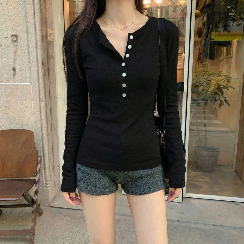 실사 280 그램 양 플러시 원본 헨리 칼라 털이 있는 긴팔 티셔츠 기본 셔츠 여성 인사이드 잡아라. 의류 상세 이미지 24