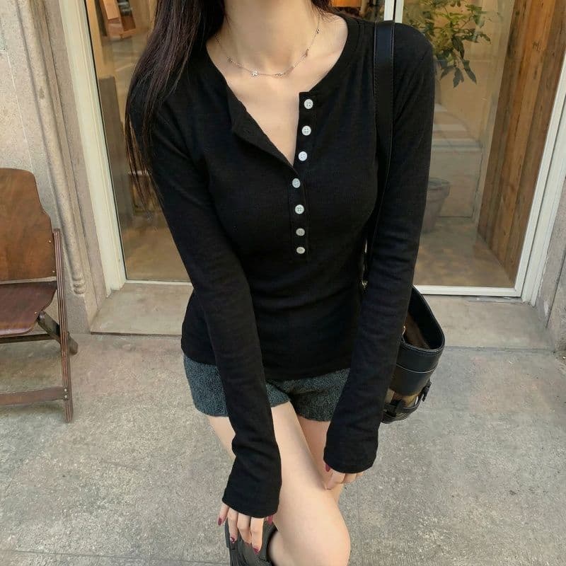 실사 280 그램 양 플러시 원본 헨리 칼라 털이 있는 긴팔 티셔츠 기본 셔츠 여성 인사이드 잡아라. 의류 상세 이미지 25
