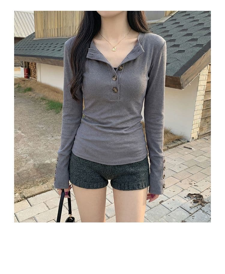 실사 원본 뮤 S 양모 280 그램 헨리 V넥 단추 긴팔 티셔츠 기본 셔츠 여성 가을 겨울 맨위 상세 이미지 1