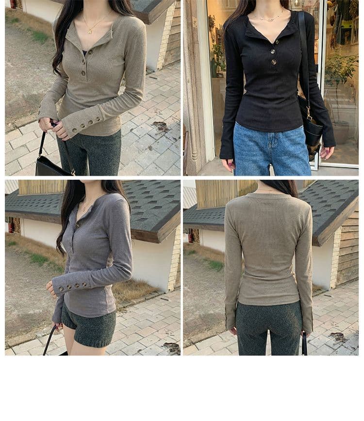실사 원본 뮤 S 양모 280 그램 헨리 V넥 단추 긴팔 티셔츠 기본 셔츠 여성 가을 겨울 맨위 상세 이미지 2