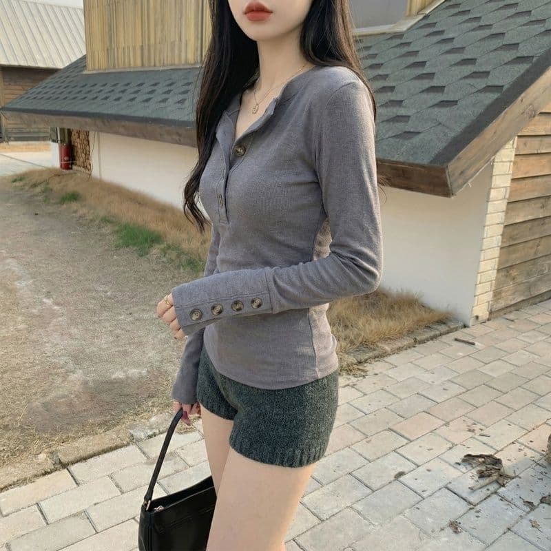 실사 원본 뮤 S 양모 280 그램 헨리 V넥 단추 긴팔 티셔츠 기본 셔츠 여성 가을 겨울 맨위 상세 이미지 9