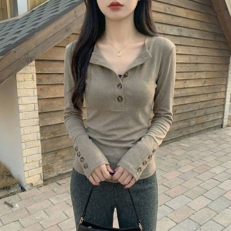 실사 원본 뮤 S 양모 280 그램 헨리 V넥 단추 긴팔 티셔츠 기본 셔츠 여성 가을 겨울 맨위 상세 이미지 12