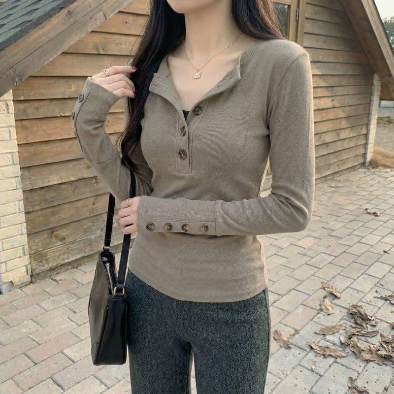 실사 원본 뮤 S 양모 280 그램 헨리 V넥 단추 긴팔 티셔츠 기본 셔츠 여성 가을 겨울 맨위 상세 이미지 13
