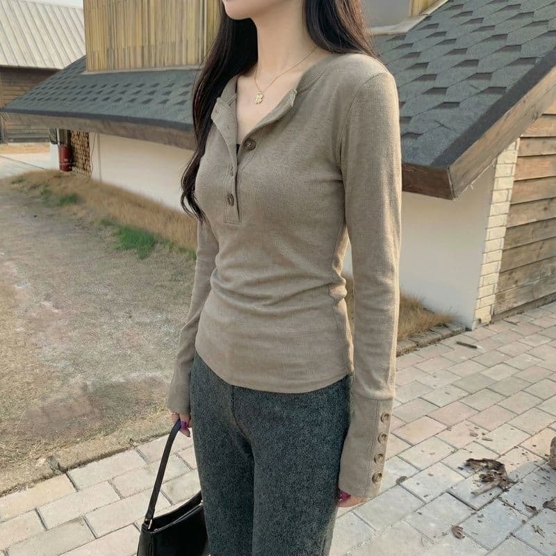 실사 원본 뮤 S 양모 280 그램 헨리 V넥 단추 긴팔 티셔츠 기본 셔츠 여성 가을 겨울 맨위 상세 이미지 15