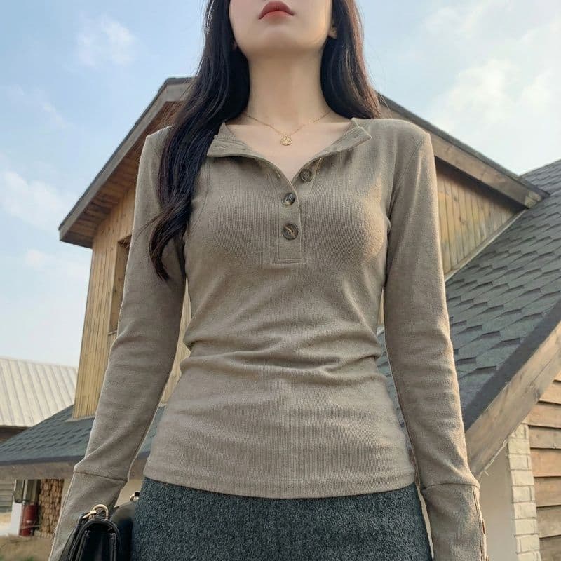 실사 원본 뮤 S 양모 280 그램 헨리 V넥 단추 긴팔 티셔츠 기본 셔츠 여성 가을 겨울 맨위 상세 이미지 16