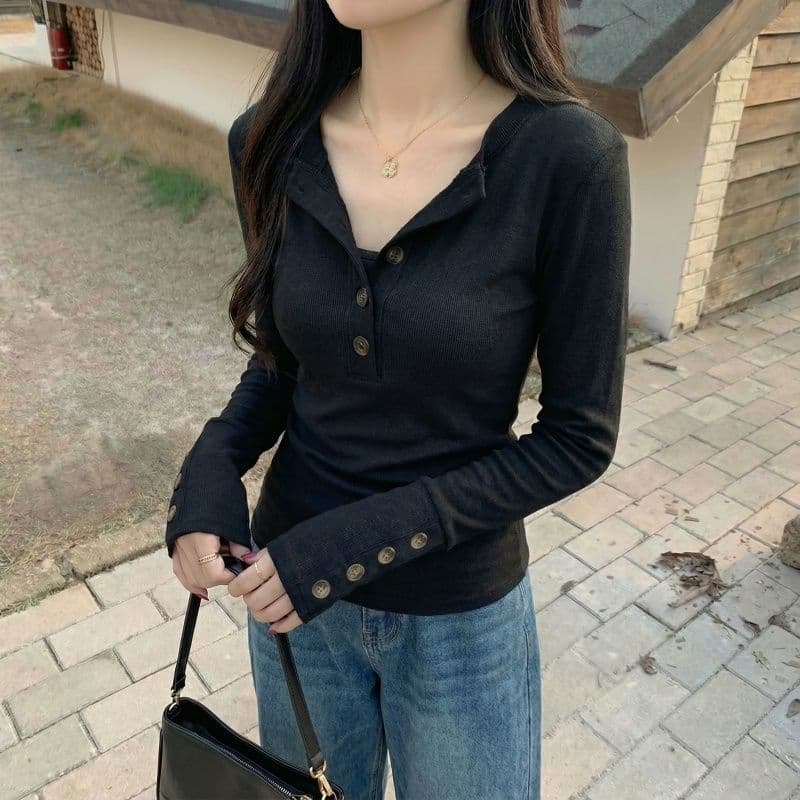 실사 원본 뮤 S 양모 280 그램 헨리 V넥 단추 긴팔 티셔츠 기본 셔츠 여성 가을 겨울 맨위 상세 이미지 22