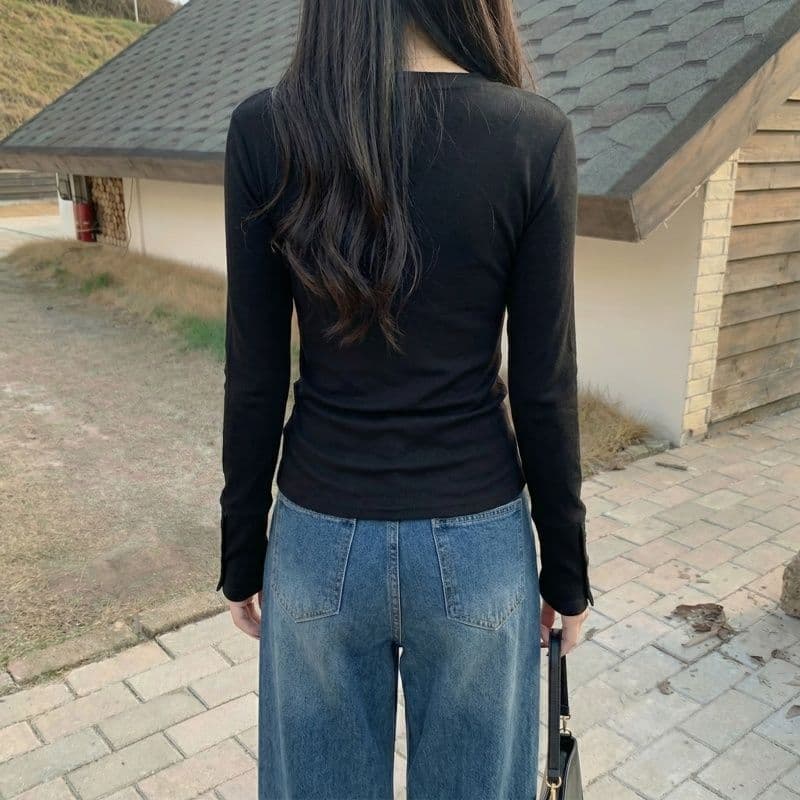 실사 원본 뮤 S 양모 280 그램 헨리 V넥 단추 긴팔 티셔츠 기본 셔츠 여성 가을 겨울 맨위 상세 이미지 23