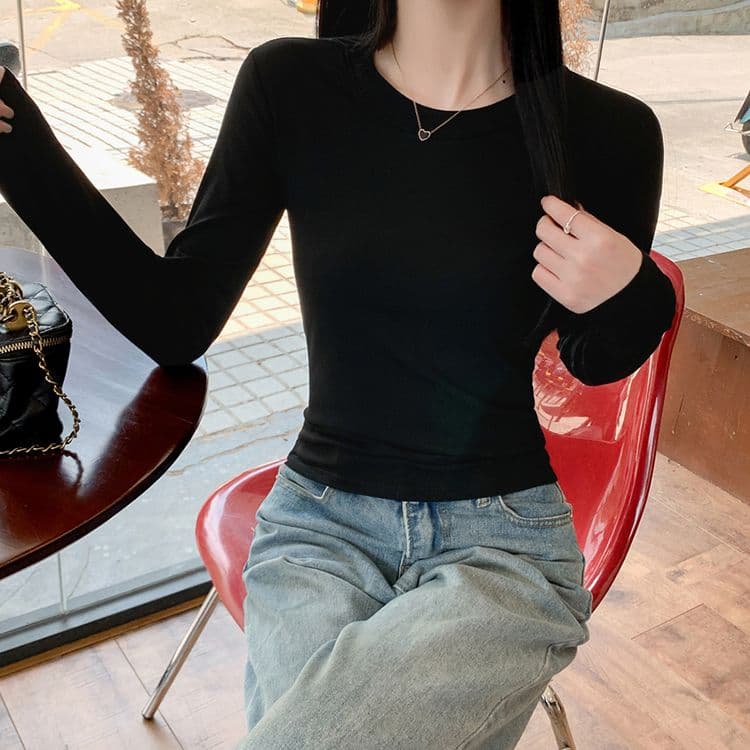 2026 가을 280 그램 양 플러시 De 플러시 기본 셔츠 여성 봄 가을 겨울 긴팔 티셔츠 털이 있는 라운드 넥 긍정적 인 어깨 상세 이미지 20