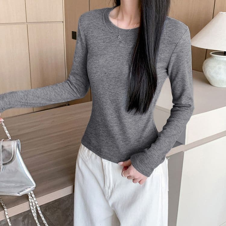 2026 가을 280 그램 양 플러시 De 플러시 기본 셔츠 여성 봄 가을 겨울 긴팔 티셔츠 털이 있는 라운드 넥 긍정적 인 어깨 상세 이미지 31