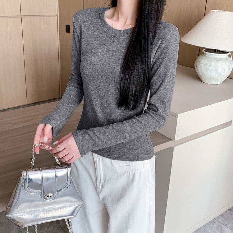 2026 가을 280 그램 양 플러시 De 플러시 기본 셔츠 여성 봄 가을 겨울 긴팔 티셔츠 털이 있는 라운드 넥 긍정적 인 어깨 상세 이미지 32