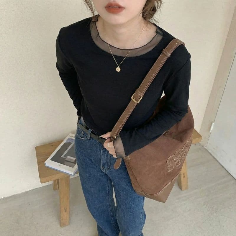 실사 털이 있는 레이스 라운드 넥 원사 기본 셔츠 여성 봄 가을 겨울 인사이드 가져 가라. De 플러시 연삭 털 긴팔 티셔츠 상세 이미지 13
