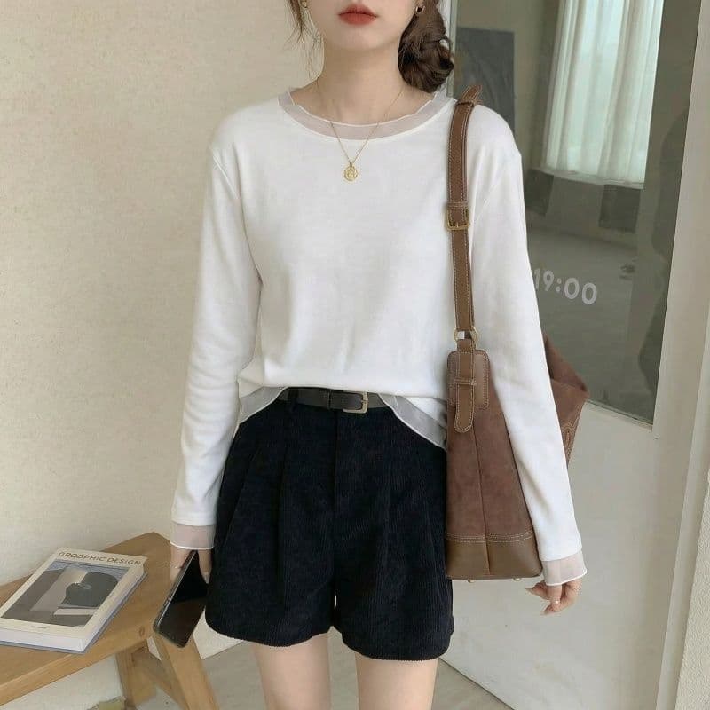 실사 털이 있는 레이스 라운드 넥 원사 기본 셔츠 여성 봄 가을 겨울 인사이드 가져 가라. De 플러시 연삭 털 긴팔 티셔츠 상세 이미지 17