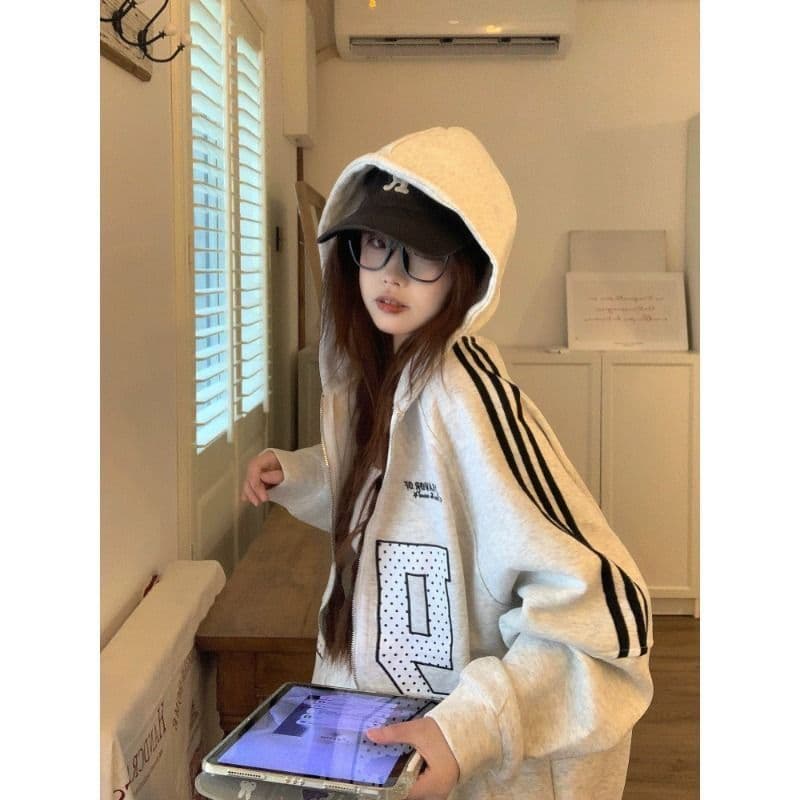 2026 가을 얇은 스타일 백금 지퍼 이후 패키지 칼라 순수한 Mianhua 면 후드티 여성 상세 이미지 2
