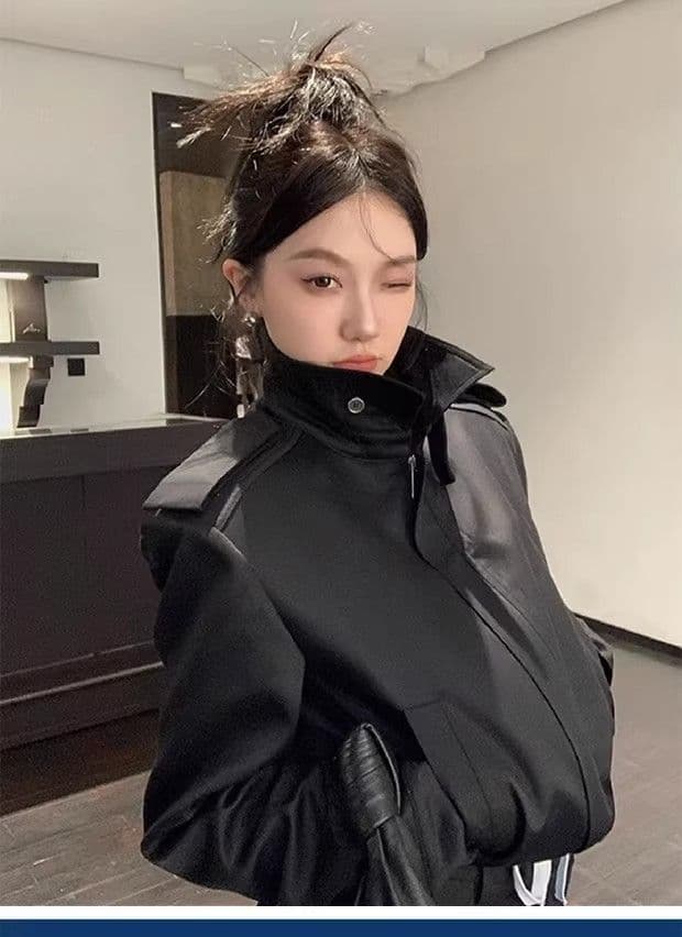 검정색 스탠드 칼라 넓은 어깨 여성 코트 가을 새로운 개성 단색 레트로 쇼트 스타일 캐주얼 다용도 재킷 맨위 트렌디 상세 이미지 1