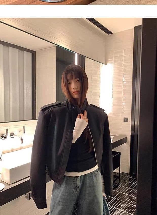 검정색 스탠드 칼라 넓은 어깨 여성 코트 가을 새로운 개성 단색 레트로 쇼트 스타일 캐주얼 다용도 재킷 맨위 트렌디 상세 이미지 6