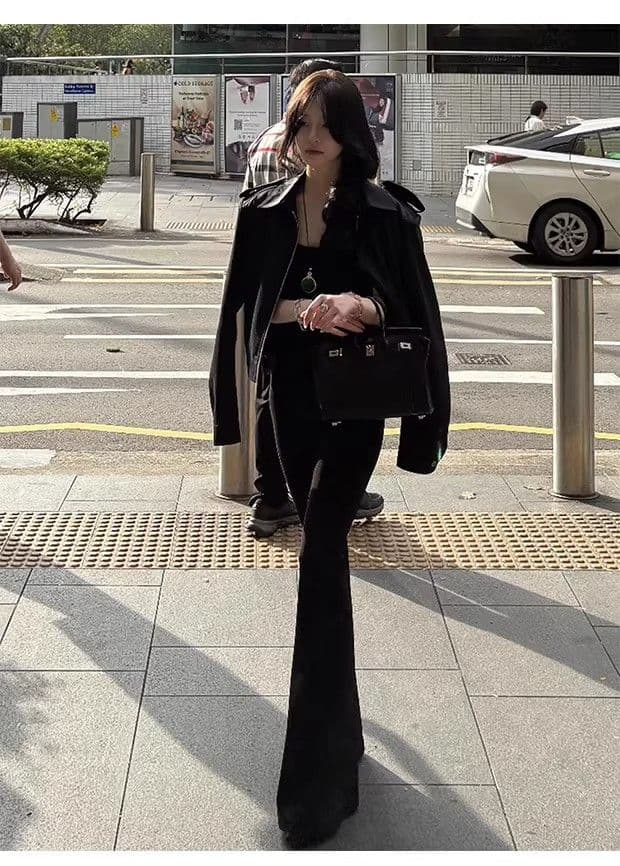 검정색 스탠드 칼라 넓은 어깨 여성 코트 가을 새로운 개성 단색 레트로 쇼트 스타일 캐주얼 다용도 재킷 맨위 트렌디 상세 이미지 7