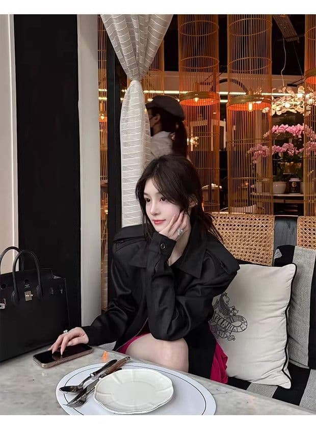 검정색 스탠드 칼라 넓은 어깨 여성 코트 가을 새로운 개성 단색 레트로 쇼트 스타일 캐주얼 다용도 재킷 맨위 트렌디 상세 이미지 10