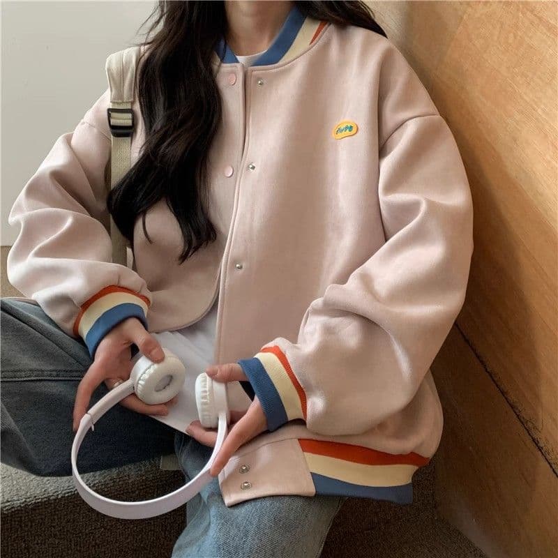스웨이드 원단 복합 아메리칸 레트로 긴팔 야구 유니폼 여성 코트 가을 새로운 여성 외부 가져 가라. 오픈 가디건 맨위 상세 이미지 6