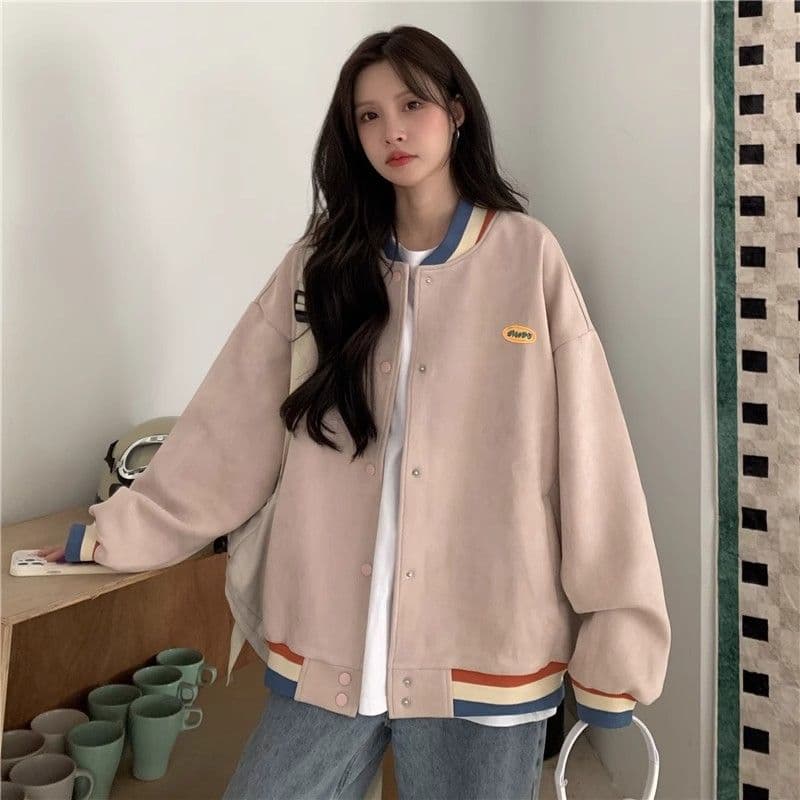 스웨이드 원단 복합 아메리칸 레트로 긴팔 야구 유니폼 여성 코트 가을 새로운 여성 외부 가져 가라. 오픈 가디건 맨위 상세 이미지 7