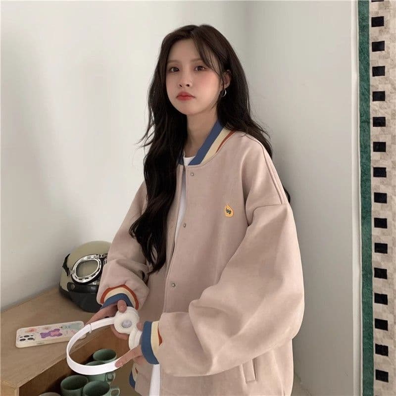 스웨이드 원단 복합 아메리칸 레트로 긴팔 야구 유니폼 여성 코트 가을 새로운 여성 외부 가져 가라. 오픈 가디건 맨위 상세 이미지 8