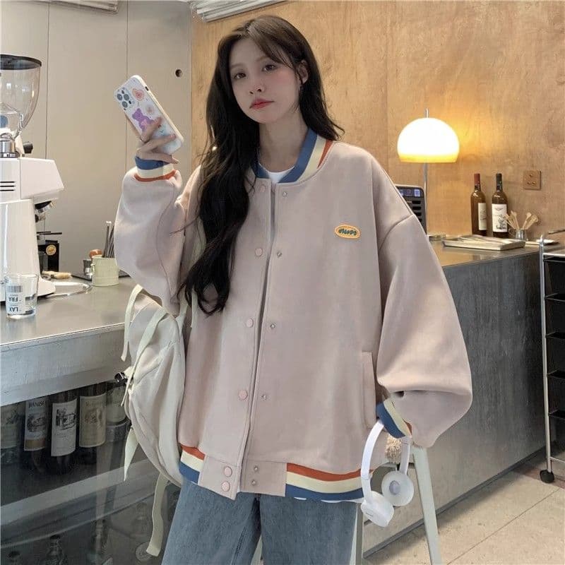 스웨이드 원단 복합 아메리칸 레트로 긴팔 야구 유니폼 여성 코트 가을 새로운 여성 외부 가져 가라. 오픈 가디건 맨위 상세 이미지 9