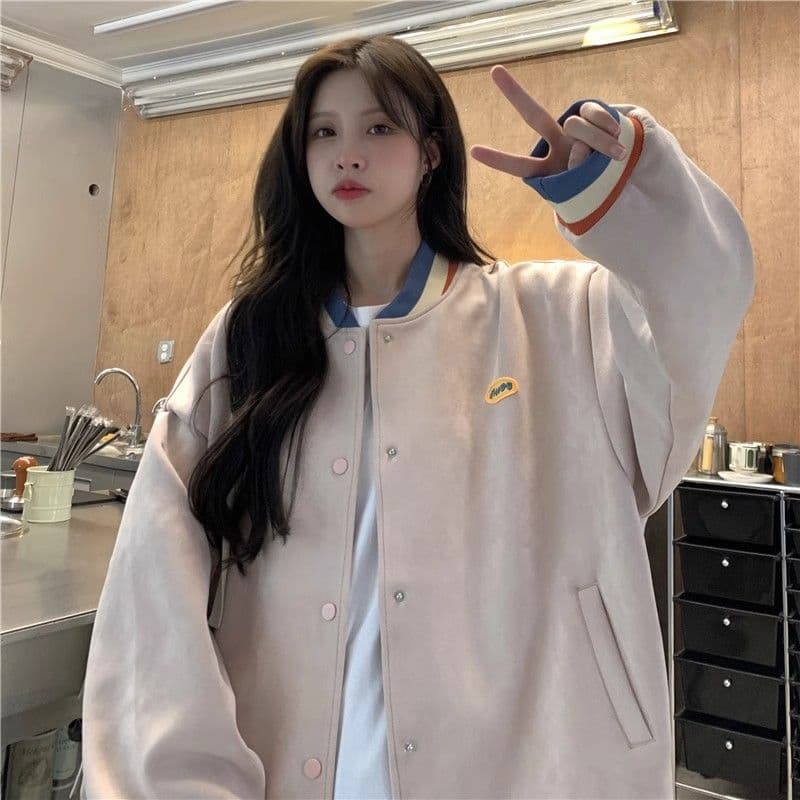 스웨이드 원단 복합 아메리칸 레트로 긴팔 야구 유니폼 여성 코트 가을 새로운 여성 외부 가져 가라. 오픈 가디건 맨위 상세 이미지 10
