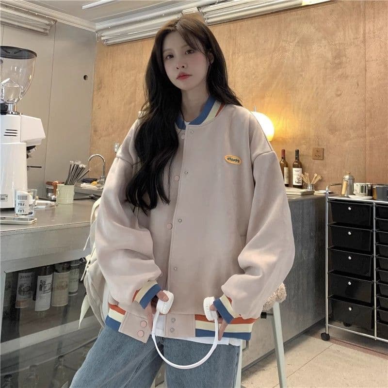 스웨이드 원단 복합 아메리칸 레트로 긴팔 야구 유니폼 여성 코트 가을 새로운 여성 외부 가져 가라. 오픈 가디건 맨위 상세 이미지 12