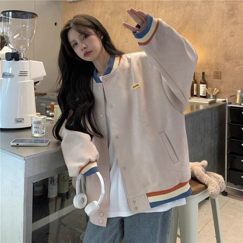 스웨이드 원단 복합 아메리칸 레트로 긴팔 야구 유니폼 여성 코트 가을 새로운 여성 외부 가져 가라. 오픈 가디건 맨위 상세 이미지 13