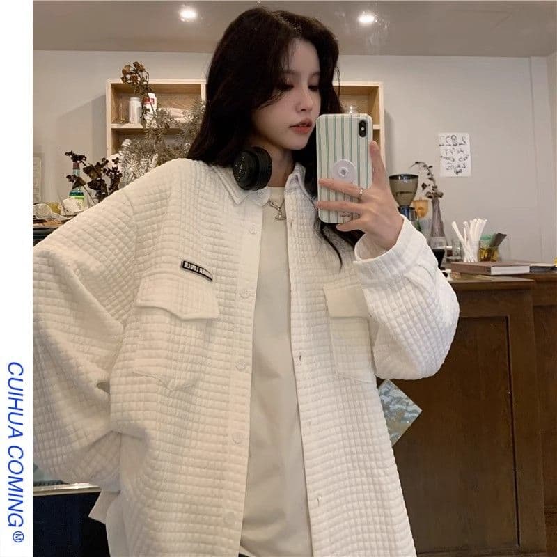원본 것 가을 의상 아메리칸 조수 브랜드 디자인 센스 후아 남편 그리드 셔츠 맨위 여성 루즈핏 긴팔 재킷 트렌디