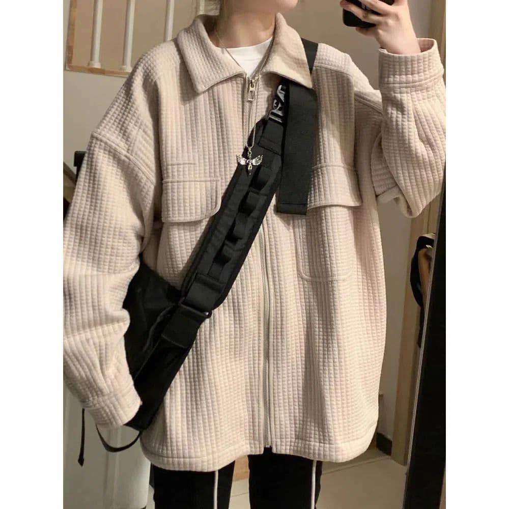 털 루트 자수 거리 레트로 알파벳 자수 펌프 로프 재킷 여자 학생 가을 후아 남편 그리드 재킷 맨위 트렌디 이미지 3
