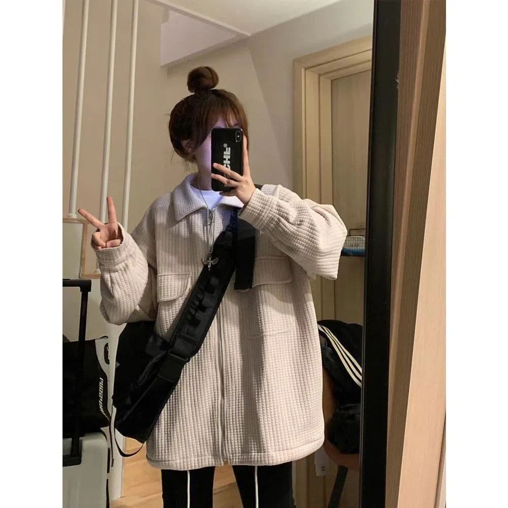털 루트 자수 거리 레트로 알파벳 자수 펌프 로프 재킷 여자 학생 가을 후아 남편 그리드 재킷 맨위 트렌디 이미지 4