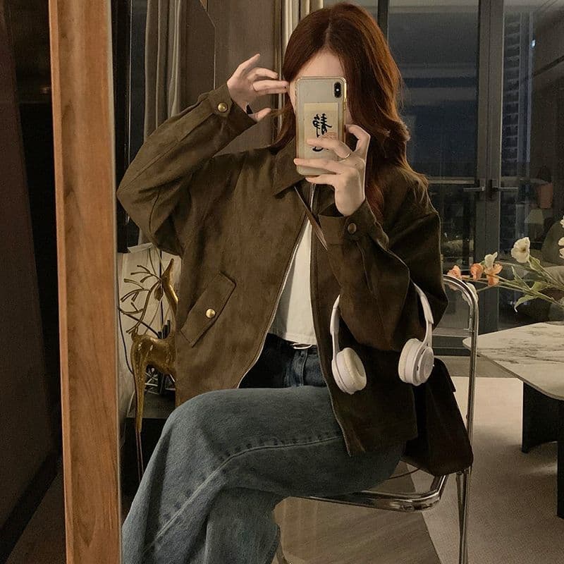 달콤한 차가운 커피 색상 스웨이드 원단 여성 코트 봄 가을 새로운 레트로 작은 대중 쇼트 스타일 아름다움 라드. 맨위 재킷 작은 키 이미지 2