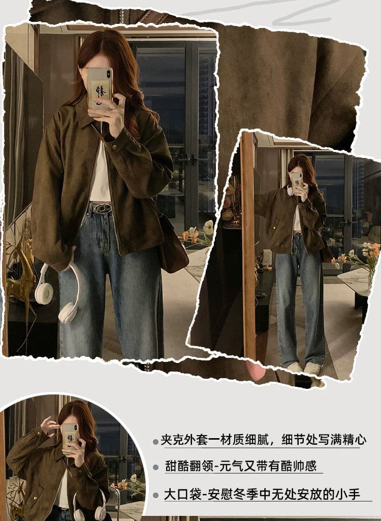 달콤한 차가운 커피 색상 스웨이드 원단 여성 코트 봄 가을 새로운 레트로 작은 대중 쇼트 스타일 아름다움 라드. 맨위 재킷 작은 키 상세 이미지 1