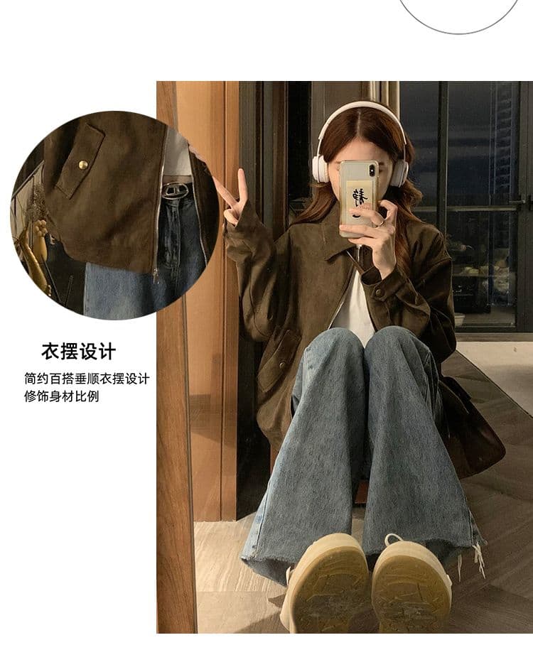 달콤한 차가운 커피 색상 스웨이드 원단 여성 코트 봄 가을 새로운 레트로 작은 대중 쇼트 스타일 아름다움 라드. 맨위 재킷 작은 키 상세 이미지 6