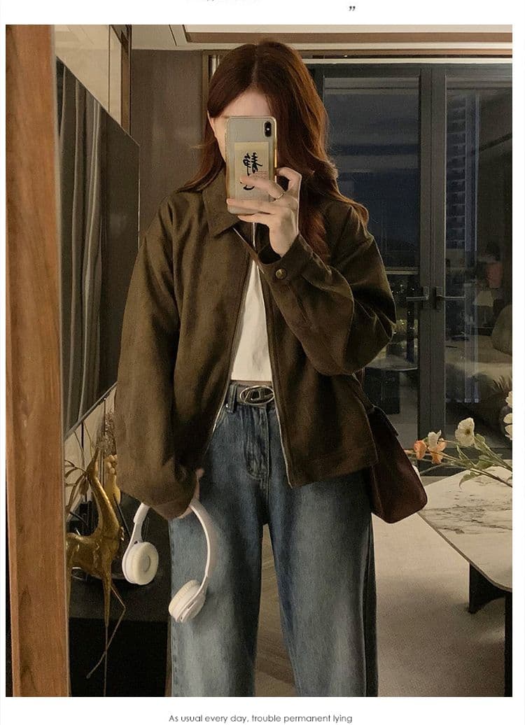 달콤한 차가운 커피 색상 스웨이드 원단 여성 코트 봄 가을 새로운 레트로 작은 대중 쇼트 스타일 아름다움 라드. 맨위 재킷 작은 키 상세 이미지 14