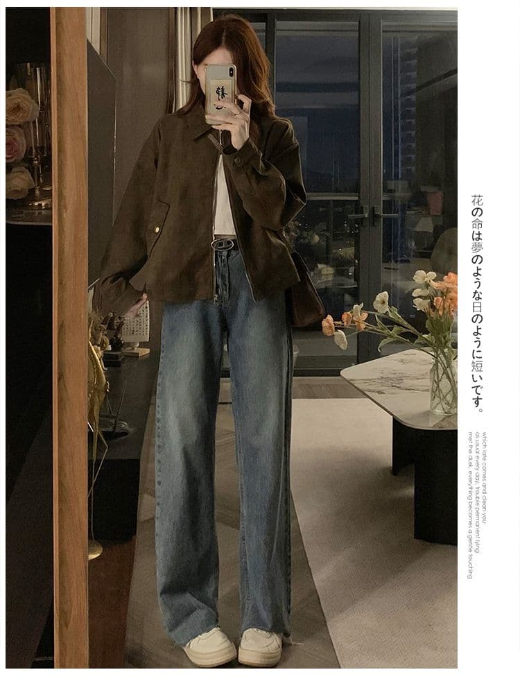 달콤한 차가운 커피 색상 스웨이드 원단 여성 코트 봄 가을 새로운 레트로 작은 대중 쇼트 스타일 아름다움 라드. 맨위 재킷 작은 키 상세 이미지 17