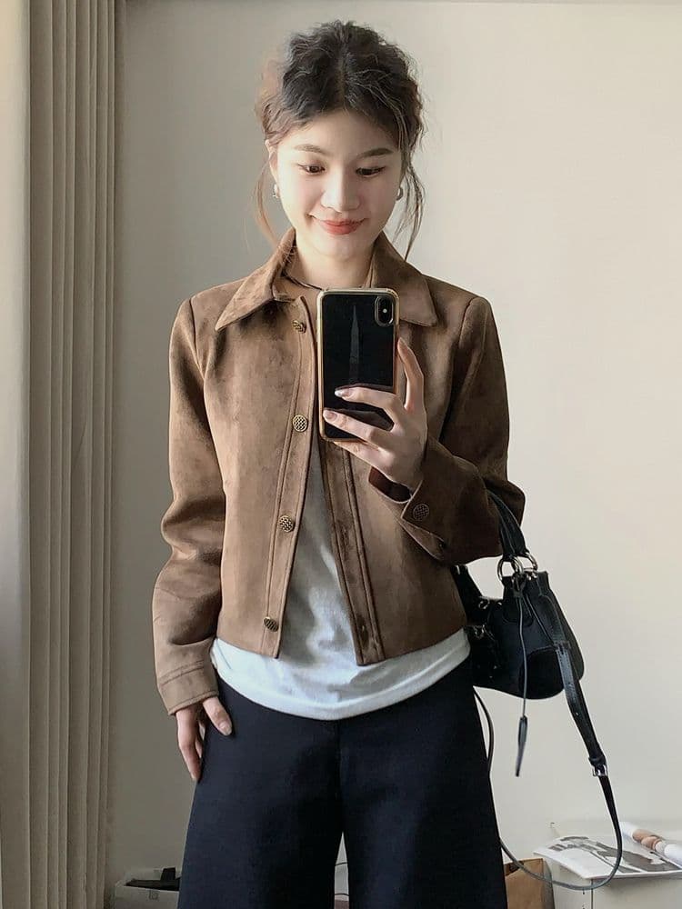 아름다움 라드. 스웨이드 원단 재킷 여성 짧은 2026 가을 새로운 레트로 루즈핏 작은 키 얇은 스타일 재킷 맨위 상세 이미지 3